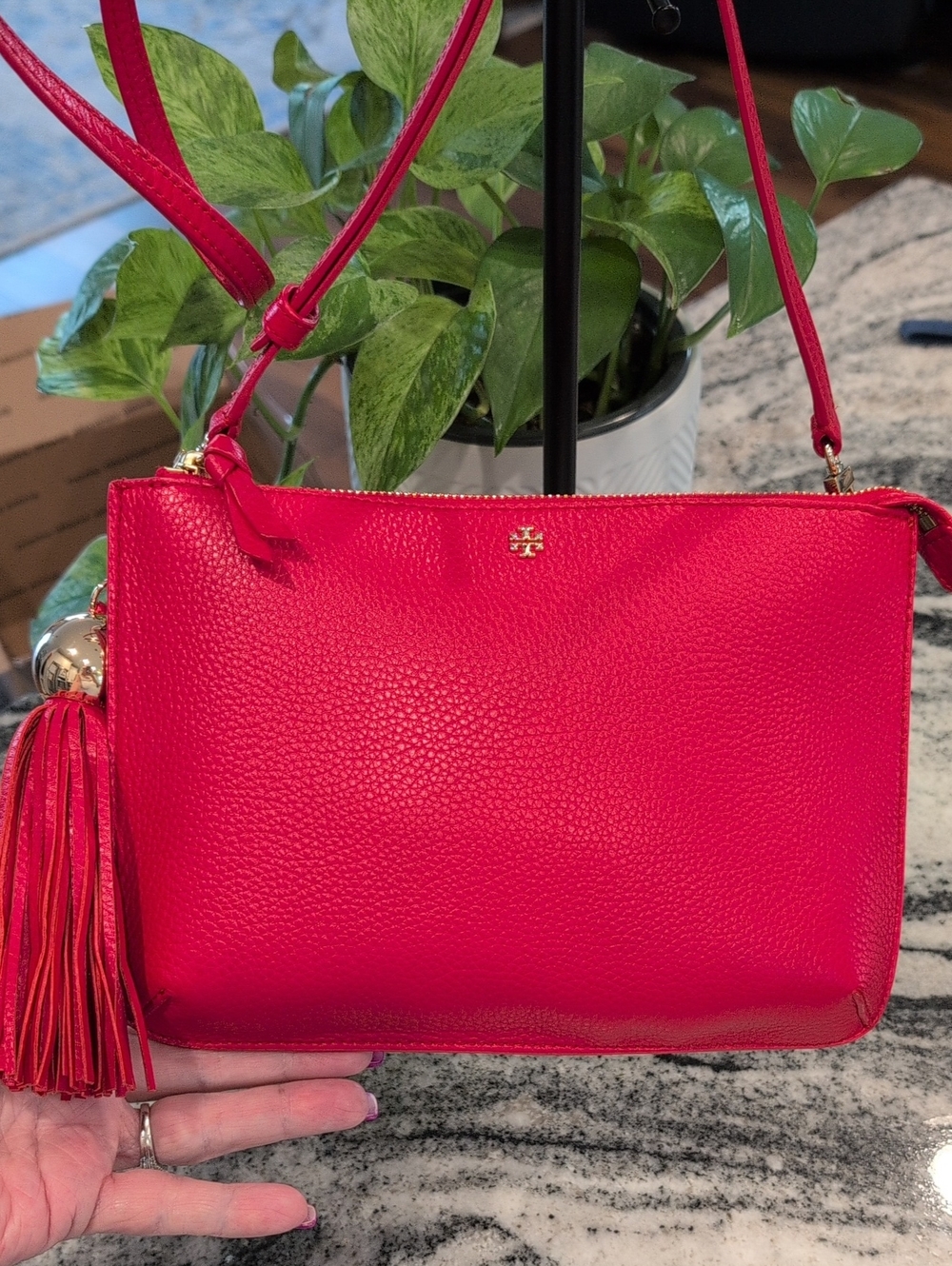 Tory Burch Liberty Red Pebbled Leather Crossbody with Tassel